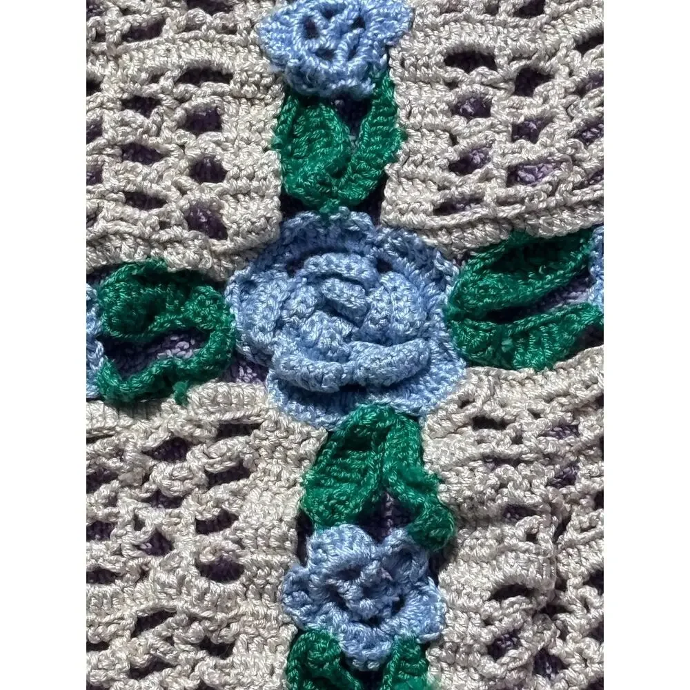 Handmade Crotchet Granny Square Vintage Cottage Core Blue Flowers 11x13